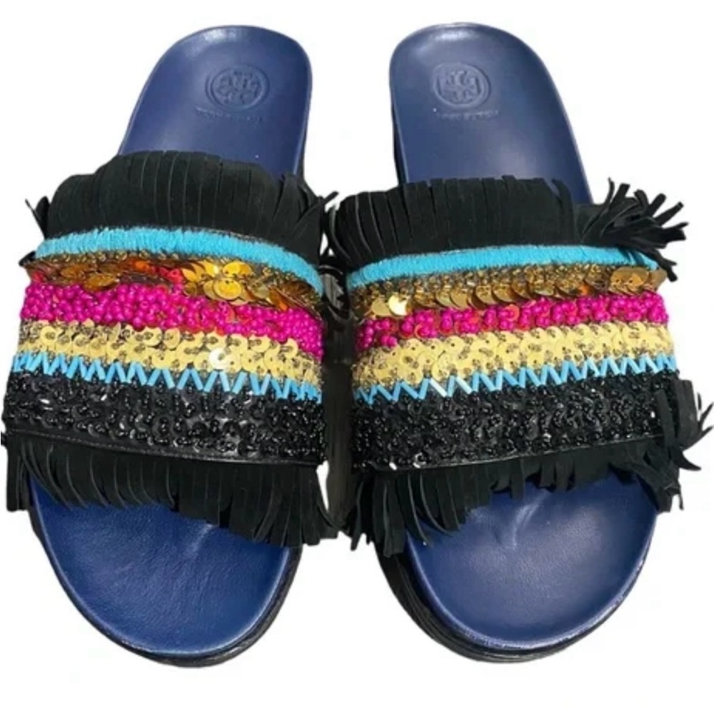 TORY BURCH Isle Embellished Beaded Fringe Leather Slides. Size 10